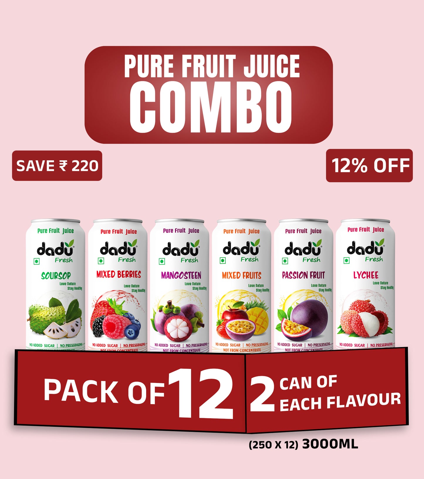 Combo Pack of 12 (12 x 250ml | Total 3000ml) – ₹149 per Can
