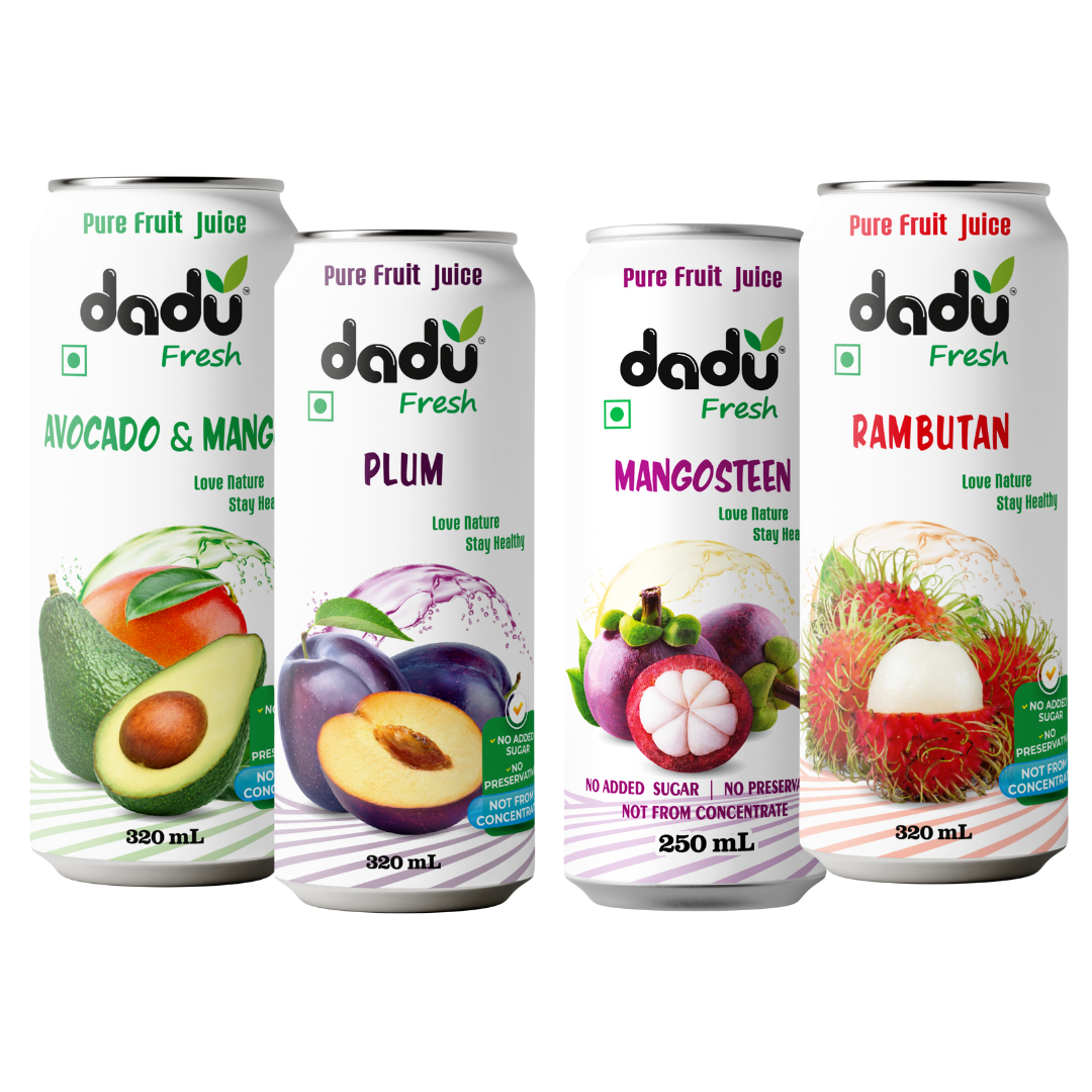 Dadu Fresh Fruit Juice Combo | Avocado & Mango, Plum, Mangosteen & Rambutan | Pure Fruit Healthy Beverage | No Added Sugar, No Preservatives, Not from Concentrate | Vitamin Rich & Naturally Refreshing | 1210ml (4 Cans)