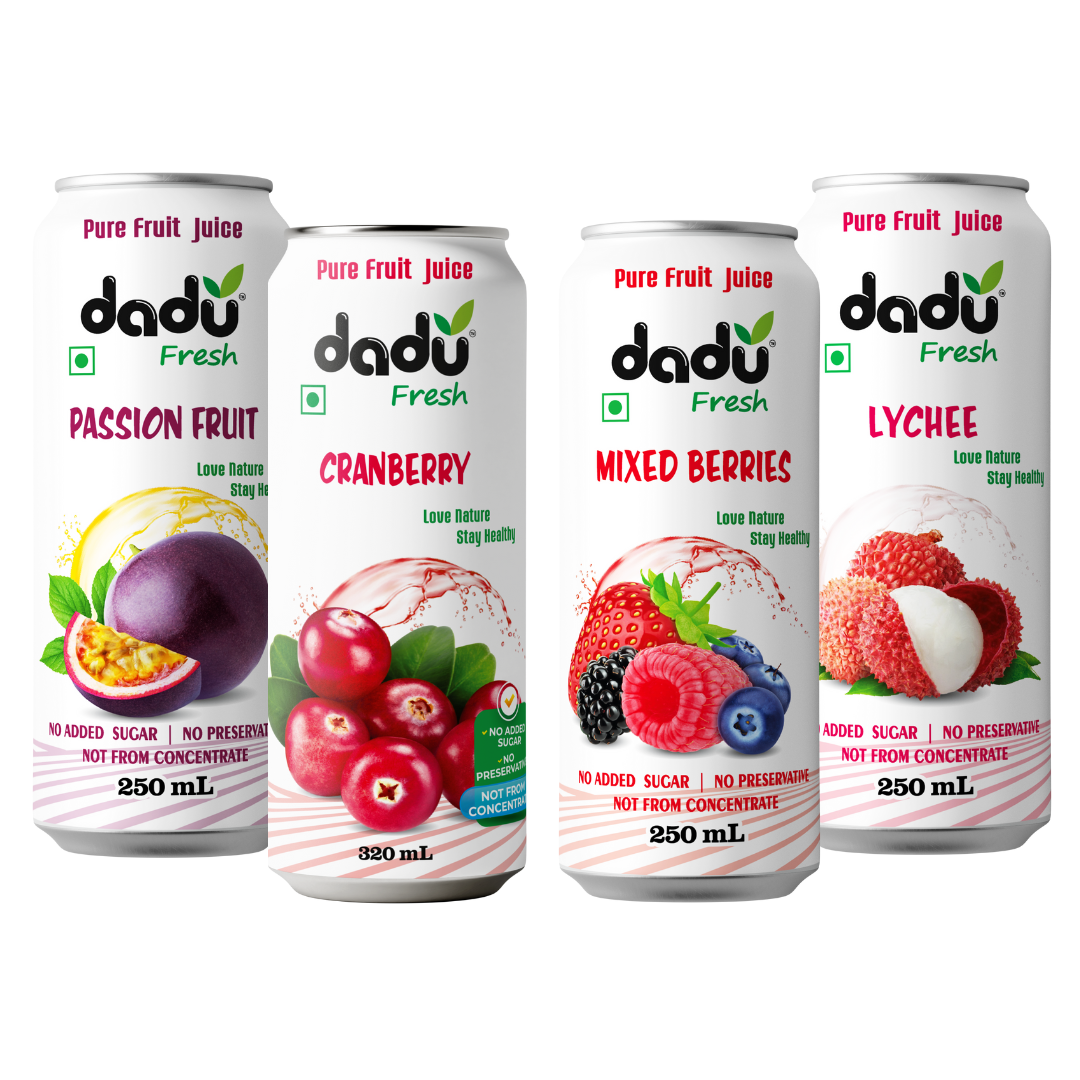 Dadu Fresh Tropical & Berry Fruit Juice Combo | Passion Fruit, Cranberry, Mixed Berries & Lychee | Pure Fruit Healthy Beverage | No Added Sugar, No Preservatives, Not from Concentrate | Vitamin Rich & Naturally Refreshing | 1070ml (4 Cans)