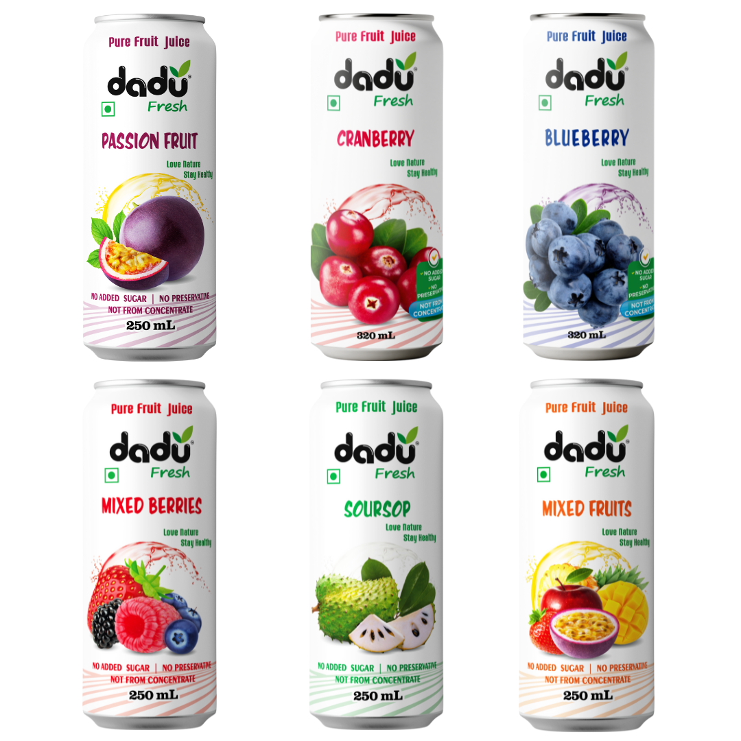 Dadu Fresh Tropical & Berry Fruit Juice Combo | Passion Fruit, Cranberry, Blueberry, Mixed Berries, Soursop & Mixed Fruit | Pure Fruit Healthy Beverage | No Added Sugar, No Preservatives, Not from Concentrate | Naturally Refreshing | 1640ml (6 Cans)