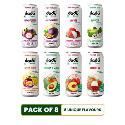 Mangosteen, Passion Fruit, Lychee, Soursop, Mixed Fruit, Avocado Mango, Peach, Rambutan Juice - Pack of 8 (250ml x 5 Cans & 320ml x 3 Cans)