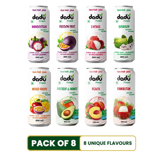 Mangosteen, Passion Fruit, Lychee, Soursop, Mixed Fruit, Avocado Mango, Peach & Rambutan Juice - Pack of 8 (250ml x 5 Cans & 320ml x 3 Cans)