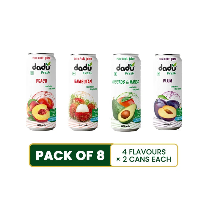 Peach, Rambutan, Plum, Avocado Mango Juice Combo - 320ml x Pack of 8