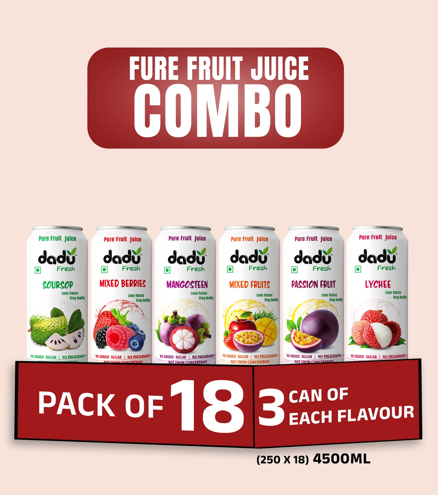 Fruit Juice Combo Pack of 18 | 18 Cans x 250ml (4500ml) | 149.00 per Can