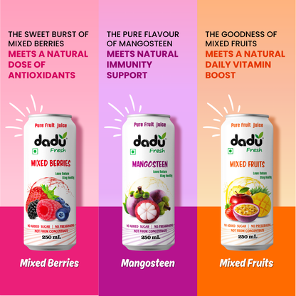 Dadu Fresh Soursop, Passion Fruit, Mixed Fruit, Lychee, Mixed Berries & Mangosteen Juice | 100% Pure Fruit Juice | No Added Sugar & No Preservatives | 250ml x Pack of 24 - Dadu Fresh