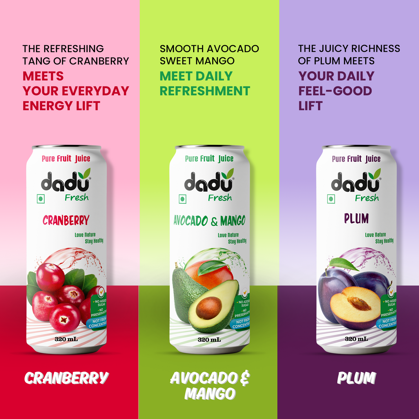 Dadu Fresh Passion Fruit, Mangosteen, Lychee, Mixed Berries, Soursop, Mixed Fruit, Peach, Plum, Blueberry, Cranberry, Avocado & Mango & Rambutan Juice | 100% Pure Fruit Juice | No Added Sugar | Pack Of 12 (250ml x 6 Cans & 320ml x 6 Cans) - Dadu Fresh