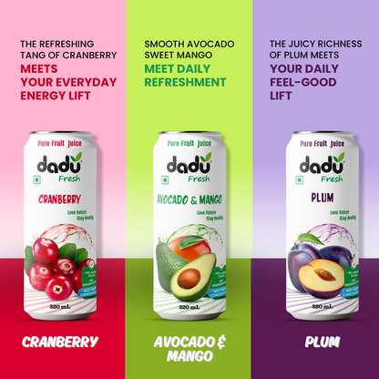 Dadu Fresh Passion Fruit, Mangosteen, Lychee, Mixed Berries, Soursop, Mixed Fruit, Peach, Plum, Blueberry, Cranberry, Avocado & Mango & Rambutan Juice | 100% Pure Fruit Juice | No Added Sugar | Pack Of 12 (250ml x 6 Cans & 320ml x 6 Cans) - Dadu Fresh