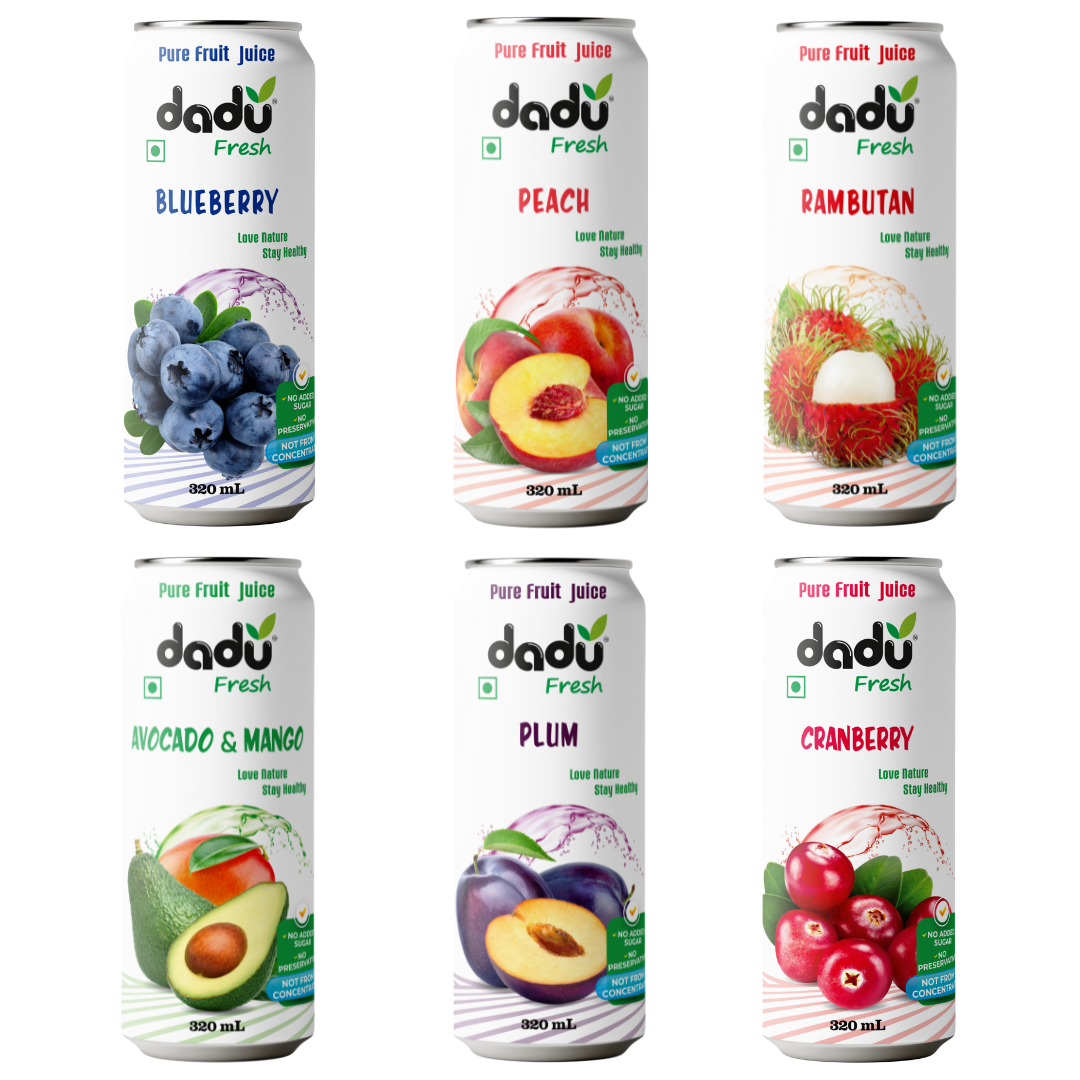 Dadu Fresh Tropical & Berry Fruit Juice Combo | Peach, Cranberry, Blueberry, Avocado & Mango, Plum, Rambutan | Pure Fruit Healthy Beverage | 18 Cans x 320ml (5760ml)