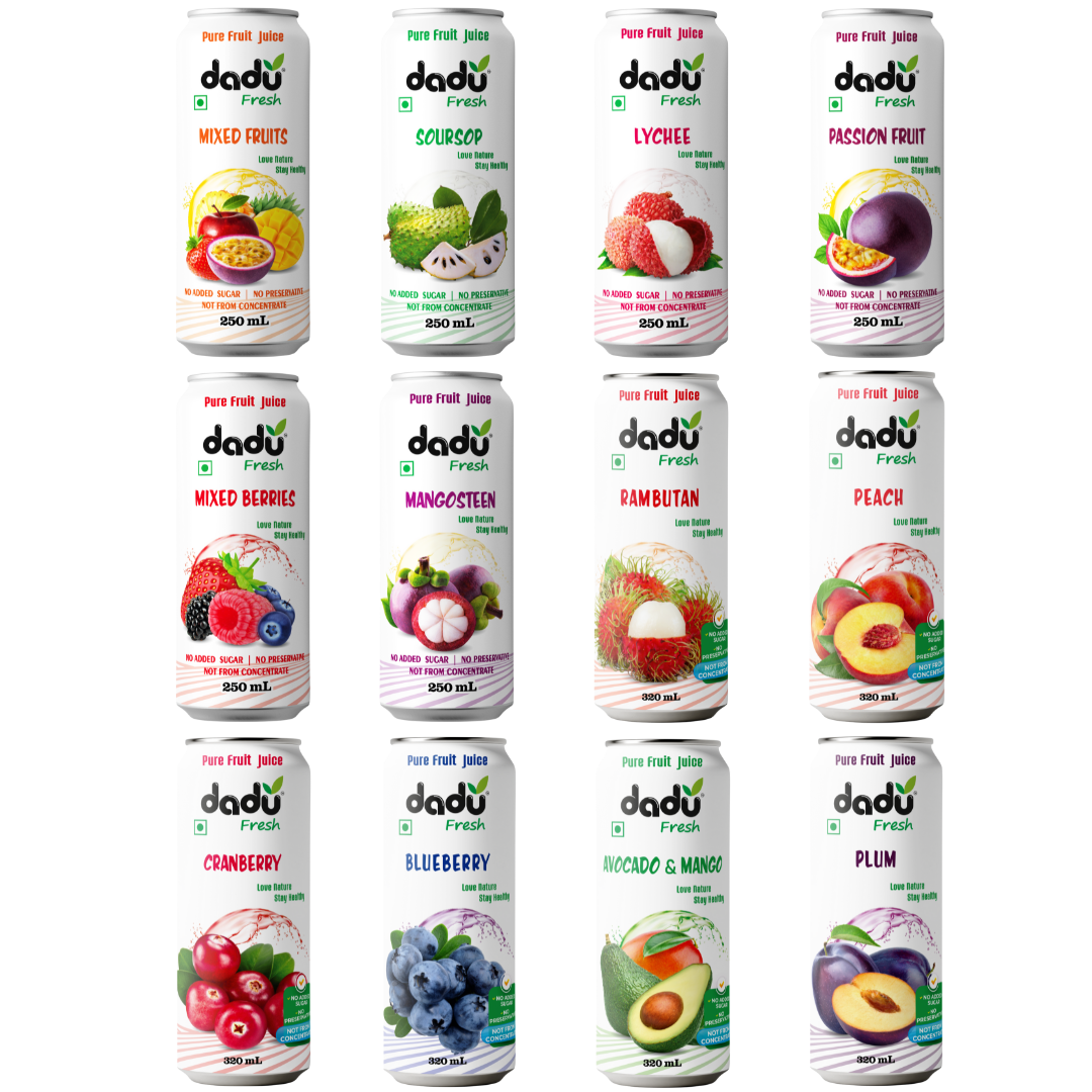 Dadu Fresh Tropical & Berry Fruit Juice Combo | Passion Fruit, Mangosteen, Lychee, Mixed Berries, Soursop, Mixed Fruit, Peach, Plum, Blueberry, Cranberry, Avocado & Mango, Rambutan | Pure Fruit Healthy Beverage | No Added Sugar | 6840ml (12 Cans)