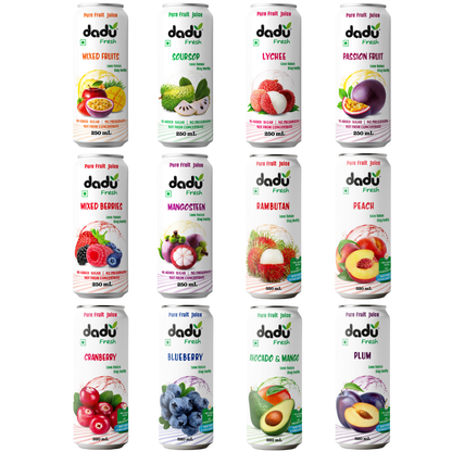 Dadu Fresh Tropical & Berry Fruit Juice Combo | Passion Fruit, Mangosteen, Lychee, Mixed Berries, Soursop, Mixed Fruit, Peach, Plum, Blueberry, Cranberry, Avocado & Mango, Rambutan | Pure Fruit Healthy Beverage | No Added Sugar | 6840ml (12 Cans)