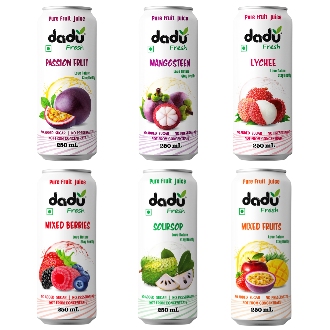 Dadu Fresh Tropical & Berry Fruit Juice Combo | Passion Fruit, Mangosteen, Lychee, Mixed Berries, Soursop, Mixed Fruit | Pure Fruit Healthy Beverage | 18 Cans x 250ml (4500ml)