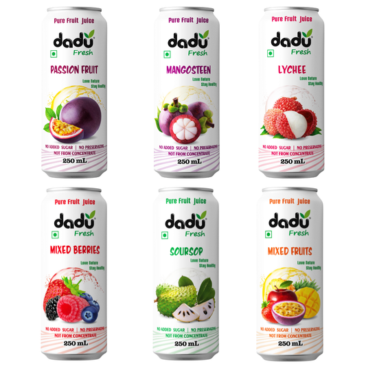 Dadu Fresh Tropical & Berry Fruit Juice Combo | Passion Fruit, Mangosteen, Lychee, Mixed Berries, Soursop, Mixed Fruit | Pure Fruit Healthy Beverage | 18 Cans x 250ml (4500ml)