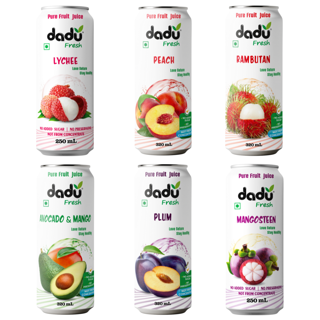 Dadu Fresh Tropical & Berry Fruit Juice Combo | Lychee, Peach, Rambutan, Avocado & Mango, Plum & Mangosteen | Pure Fruit Healthy Beverage | No Added Sugar, No Preservatives, Not from Concentrate | Vitamin Rich & Naturally Refreshing | 1780ml (6 Cans)