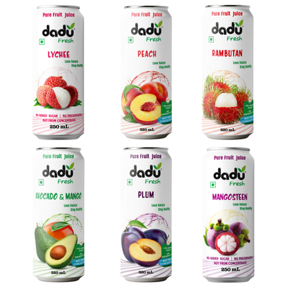 Dadu Fresh Tropical & Berry Fruit Juice Combo | Lychee, Peach, Rambutan, Avocado & Mango, Plum & Mangosteen | Pure Fruit Healthy Beverage | No Added Sugar, No Preservatives, Not from Concentrate | Vitamin Rich & Naturally Refreshing | 1780ml (6 Cans)