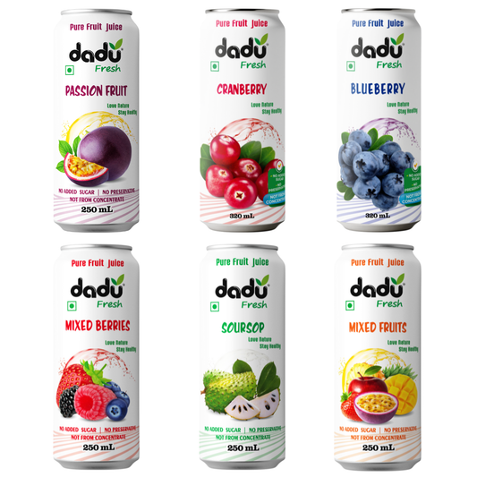 Dadu Fresh Tropical & Berry Fruit Juice Combo | Passion Fruit, Cranberry, Blueberry, Mixed Berries, Soursop & Mixed Fruit | Pure Fruit Healthy Beverage | No Added Sugar, No Preservatives, Not from Concentrate | Naturally Refreshing | 1640ml (6 Cans)