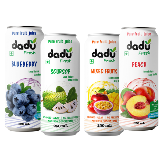 Dadu Fresh Fruit Juice Combo | Blueberry, Soursop, Mixed Fruit, Peach | Pure Fruit Healthy Beverage | No Added Sugar, No Preservatives, Not from Concentrate | Vitamin Rich & Naturally Refreshing | 1140ml (4 Cans)