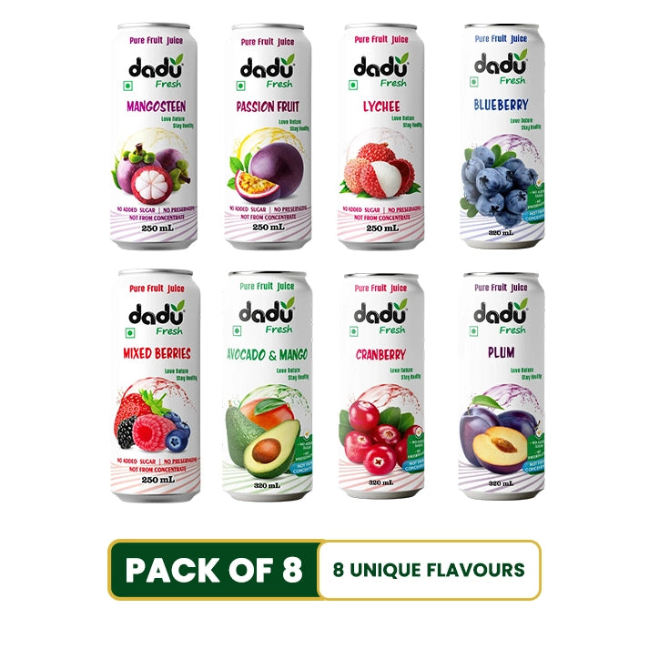 Mixed Berries, Blueberry, Cranberry, Mangosteen, Passion Fruit, Lychee, Avocado Mango, Plum Juice - Pack of 8 (250ml x 4 Cans & 320ml x 4 Cans)