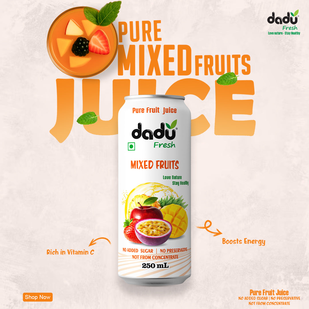 Dadu Fresh Mixed Fruit Juice | 100% Pure Fruit Juice | No Added Sugar & No Preservatives | 250ml x Pack of 6 - Dadu Fresh