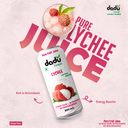 Dadu Fresh Lychee Juice | 100% Pure Fruit Juice | No Added Sugar & No Preservatives | 250ml x Pack of 6 - Dadu Fresh