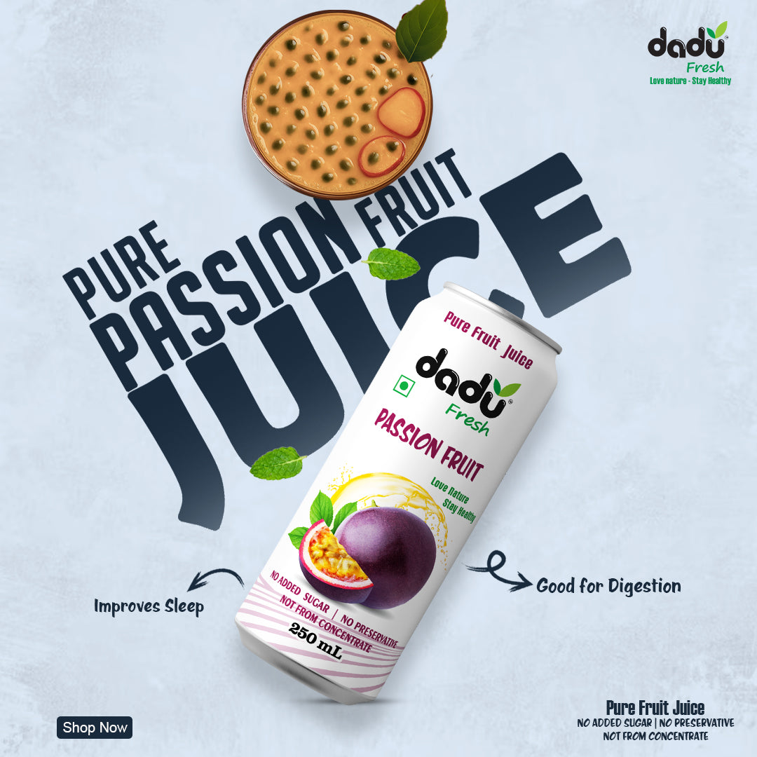 Dadu Fresh Passion Fruit Juice | 100% Pure Fruit Juice | No Added Sugar & No Preservatives | 250ml x Pack of 6 - Dadu Fresh