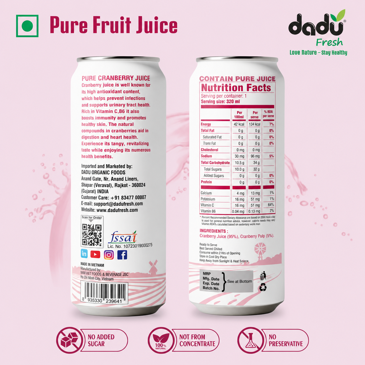 Dadu Fresh Cranberry Juice | 100% Pure Fruit Juice | No Added Sugar & No Preservatives | 320ml x Pack of 6 - Dadu Fresh