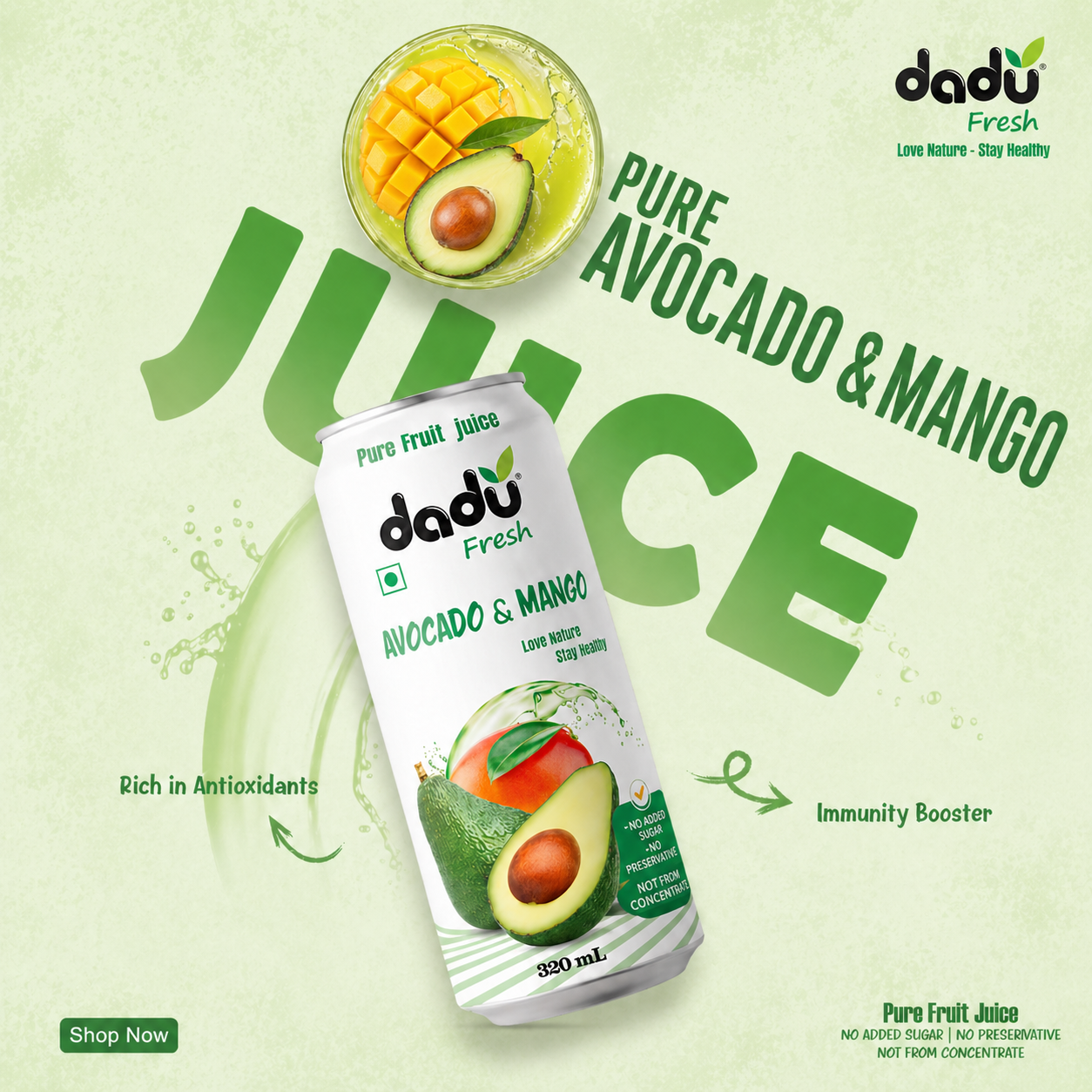 Dadu Fresh Avocado & Mango Juice | 100% Pure Fruit Juice | No Added Sugar & No Preservatives | 320ml x Pack of 4 - Dadu Fresh