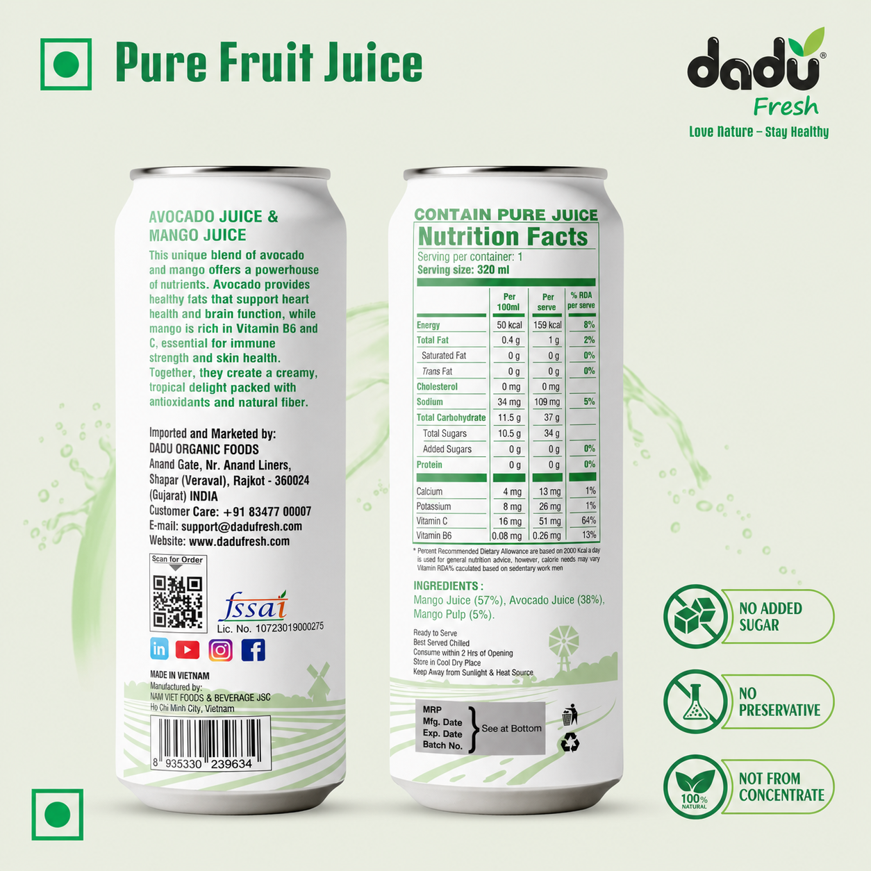 Dadu Fresh Avocado & Mango, Rambutan, Peach, Blueberry, Cranberry & Plum Juice | 100% Pure Fruit Juice | No Added Sugar & No Preservatives | 320ml x Pack of 6 - Dadu Fresh
