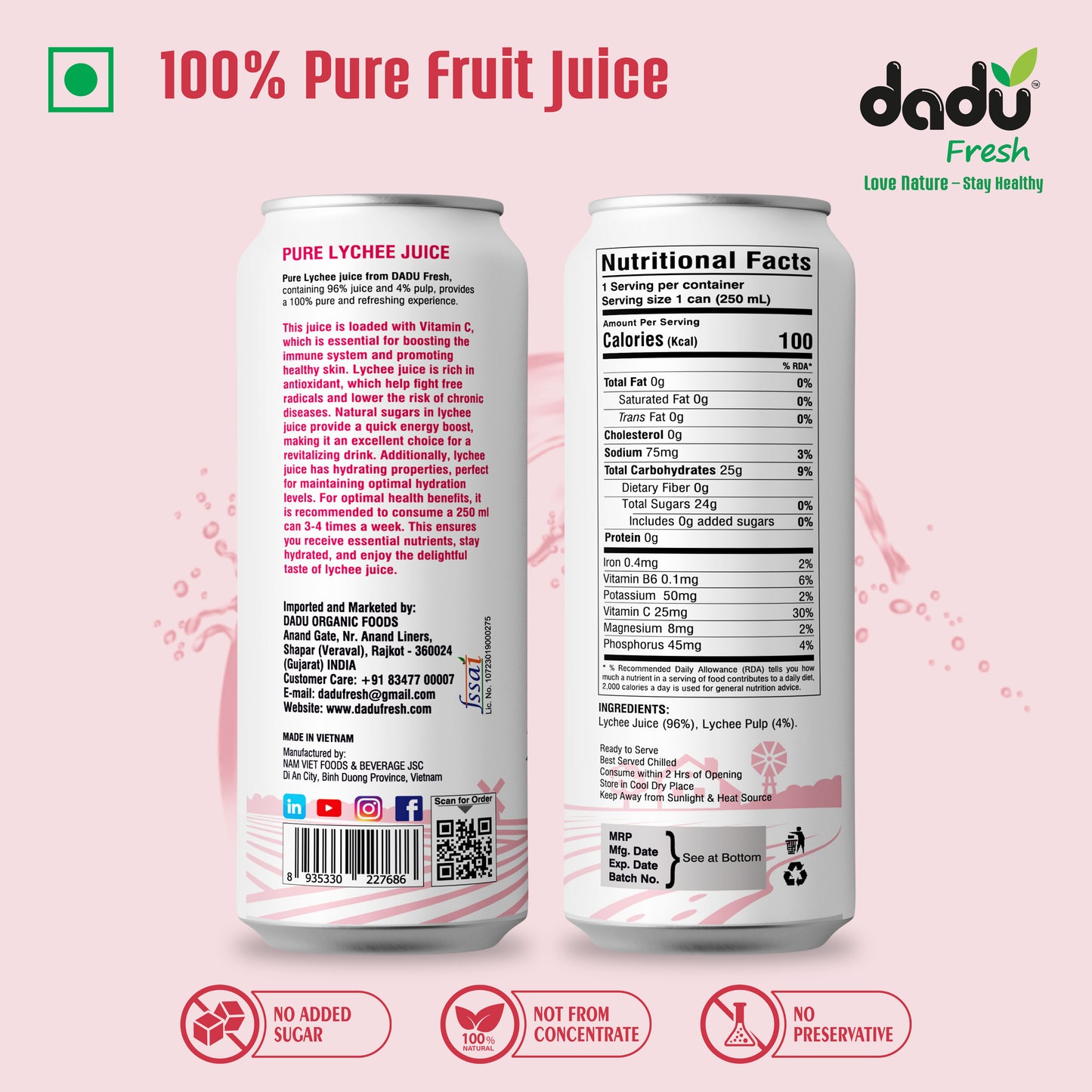 Dadu Fresh Lychee Juice | 100% Pure Fruit Juice | No Added Sugar & No Preservatives | 250ml x Pack of 6 - Dadu Fresh