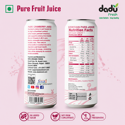 Dadu Fresh Cranberry Juice | 100% Pure Fruit Juice | No Added Sugar & No Preservatives | 320ml x Pack of 4 - Dadu Fresh