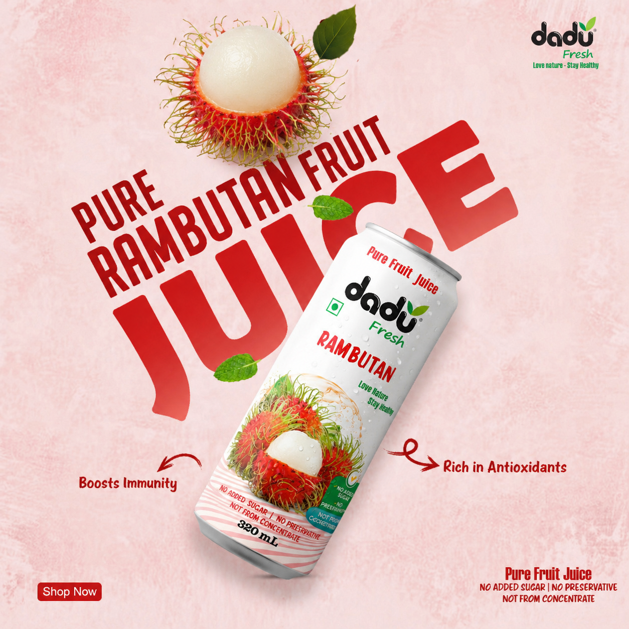 Dadu Fresh Rambutan Juice | 100% Pure Fruit Juice | No Added Sugar & No Preservatives | 320ml x Pack of 6 - Dadu Fresh