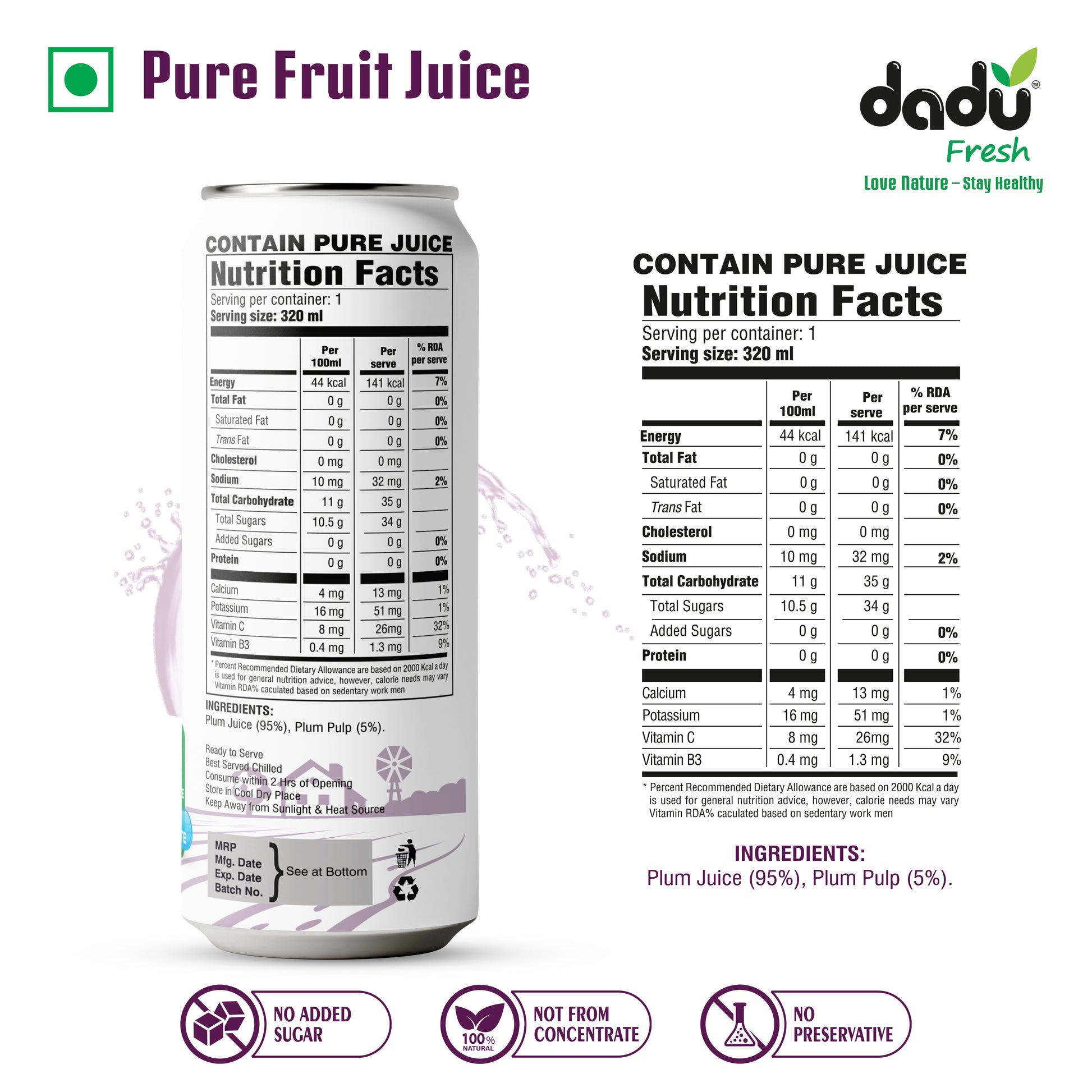 Dadu Fresh Lychee, Peach, Rambutan, Avocado & Mango, Plum, Mangosteen Juice| 100% Pure Fruit Juice | No Added Sugar & No Preservatives | Pack Of 6 (250ml x 2 Cans & 320ml x 4 Can) - Dadu Fresh
