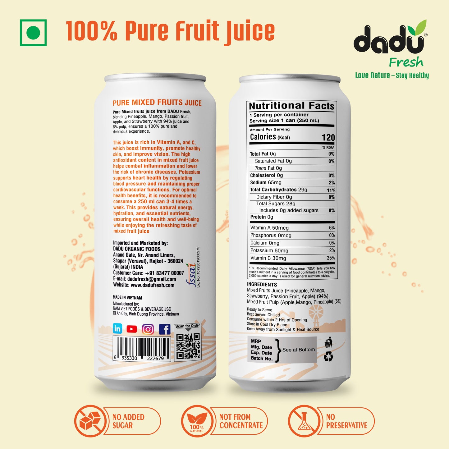 Dadu Fresh Mixed Fruit Juice | 100% Pure Fruit Juice | No Added Sugar & No Preservatives | 250ml x Pack of 6 - Dadu Fresh