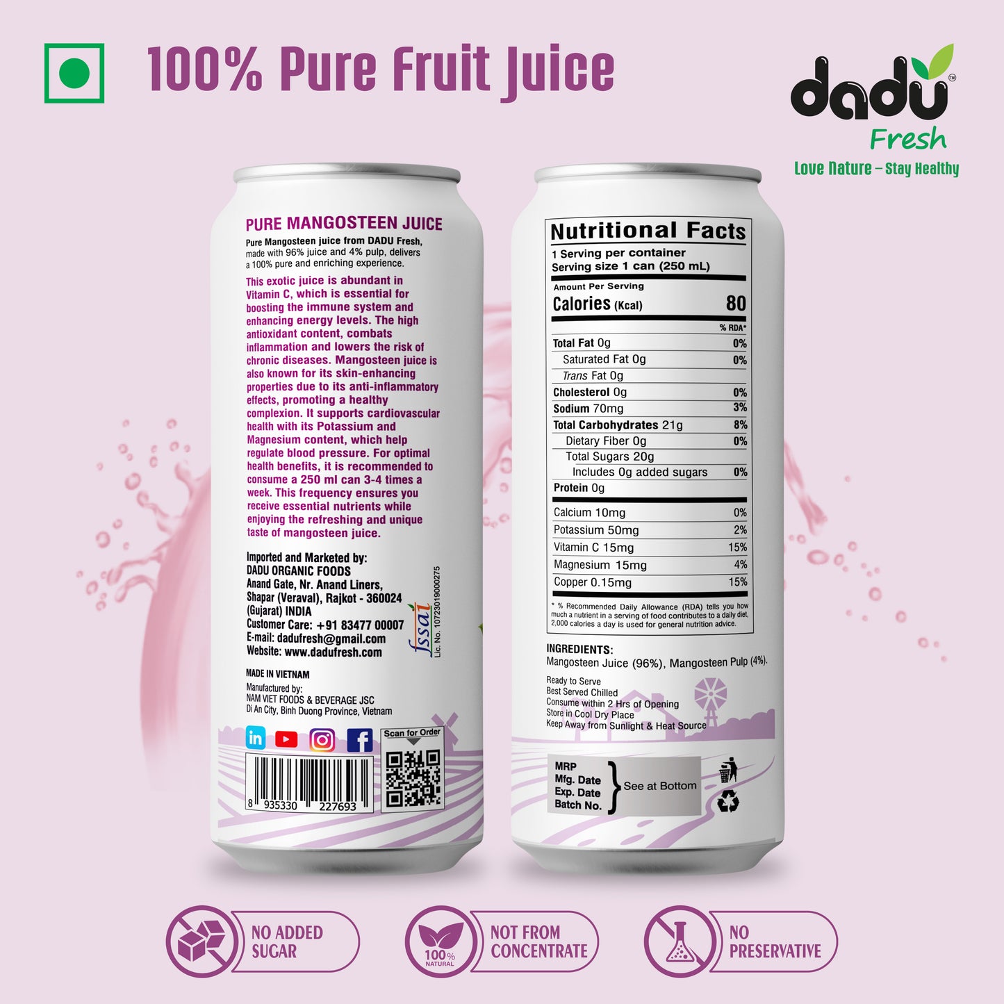 Dadu Fresh Mangosteen Juice | 100% Pure Fruit Juice | No Added Sugar & No Preservatives | 250ml x Pack of 6 - Dadu Fresh