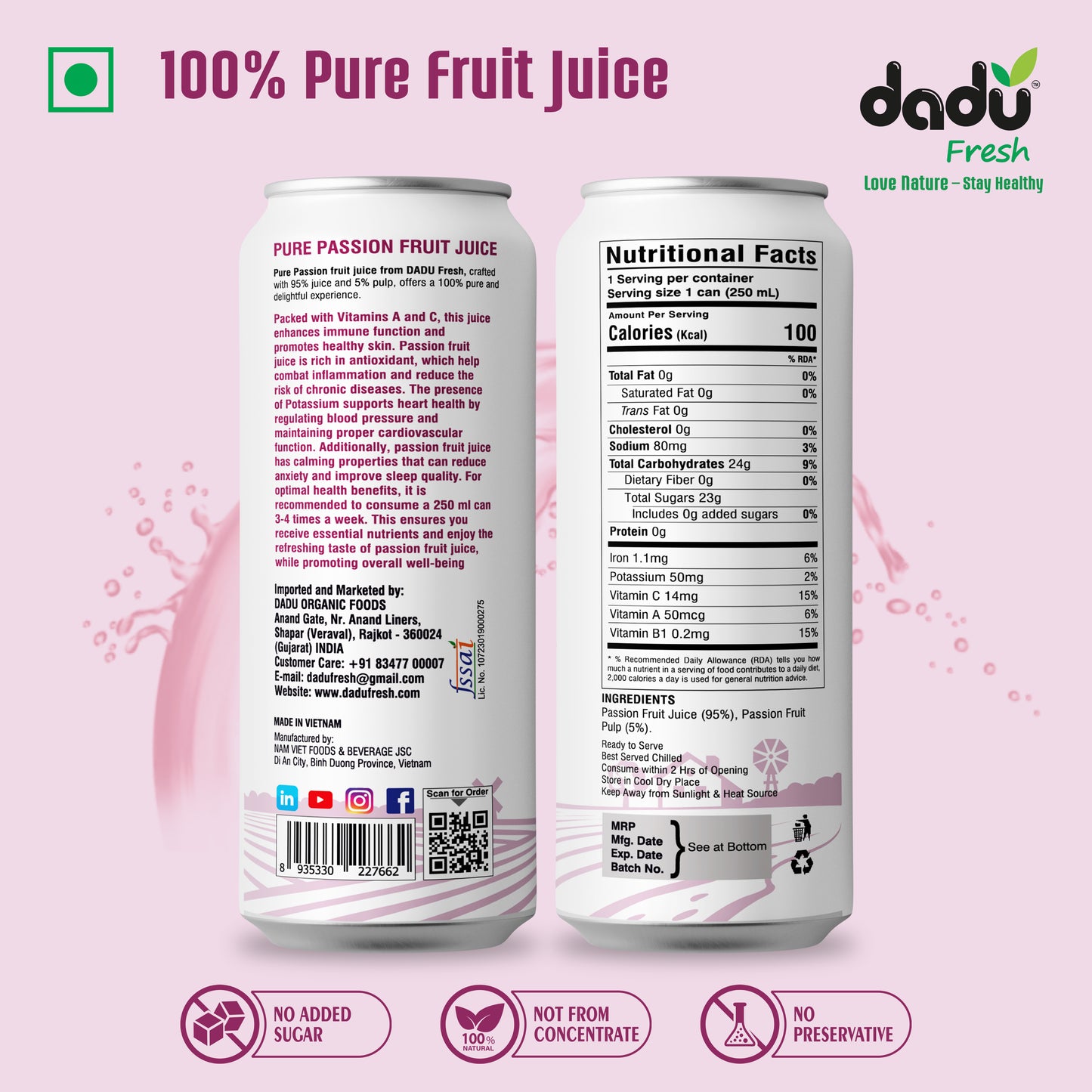 Dadu Fresh Passion Fruit Juice | 100% Pure Fruit Juice | No Added Sugar & No Preservatives | 250ml x Pack of 6 - Dadu Fresh