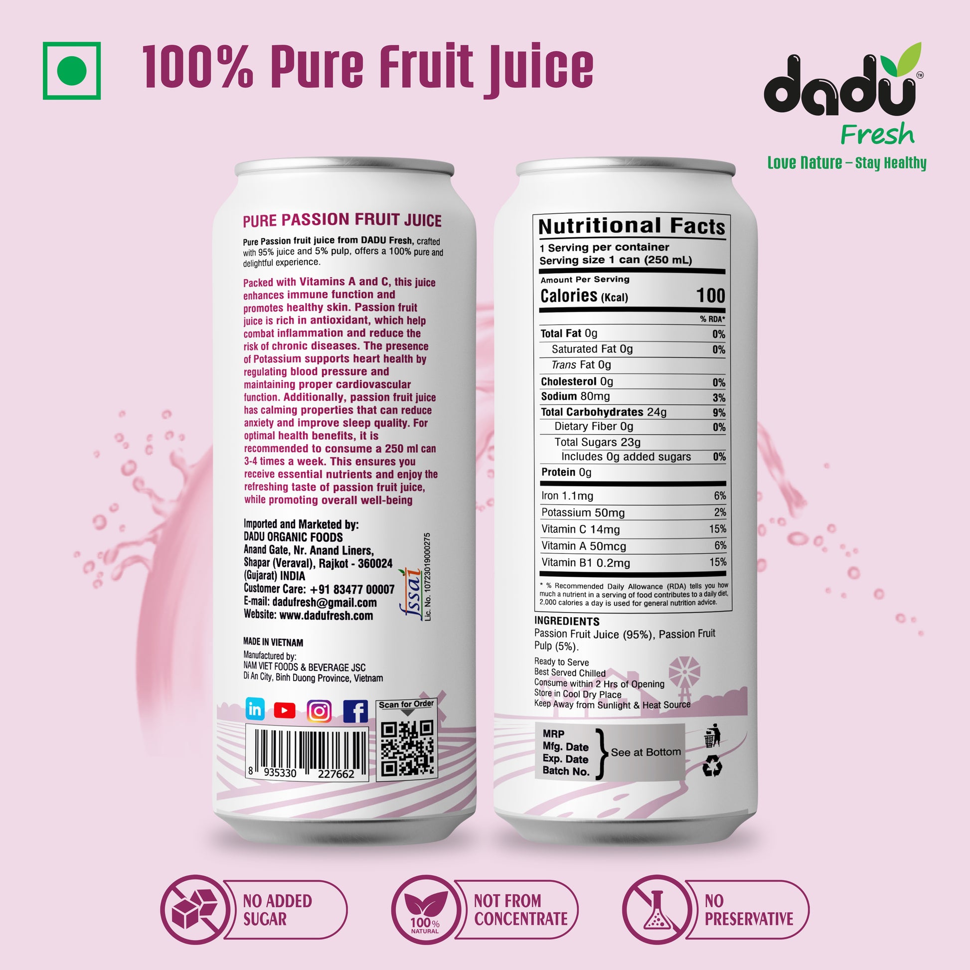 Dadu Fresh Passion Fruit Juice | 100% Pure Fruit Juice | No Added Sugar & No Preservatives | 250ml x Pack of 6 - Dadu Fresh