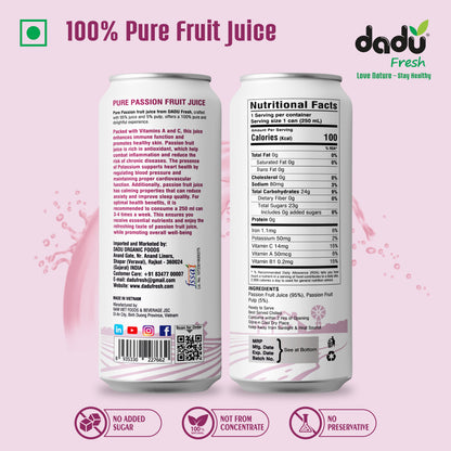 Dadu Fresh Passion Fruit Juice | 100% Pure Fruit Juice | No Added Sugar & No Preservatives | 250ml x Pack of 6 - Dadu Fresh