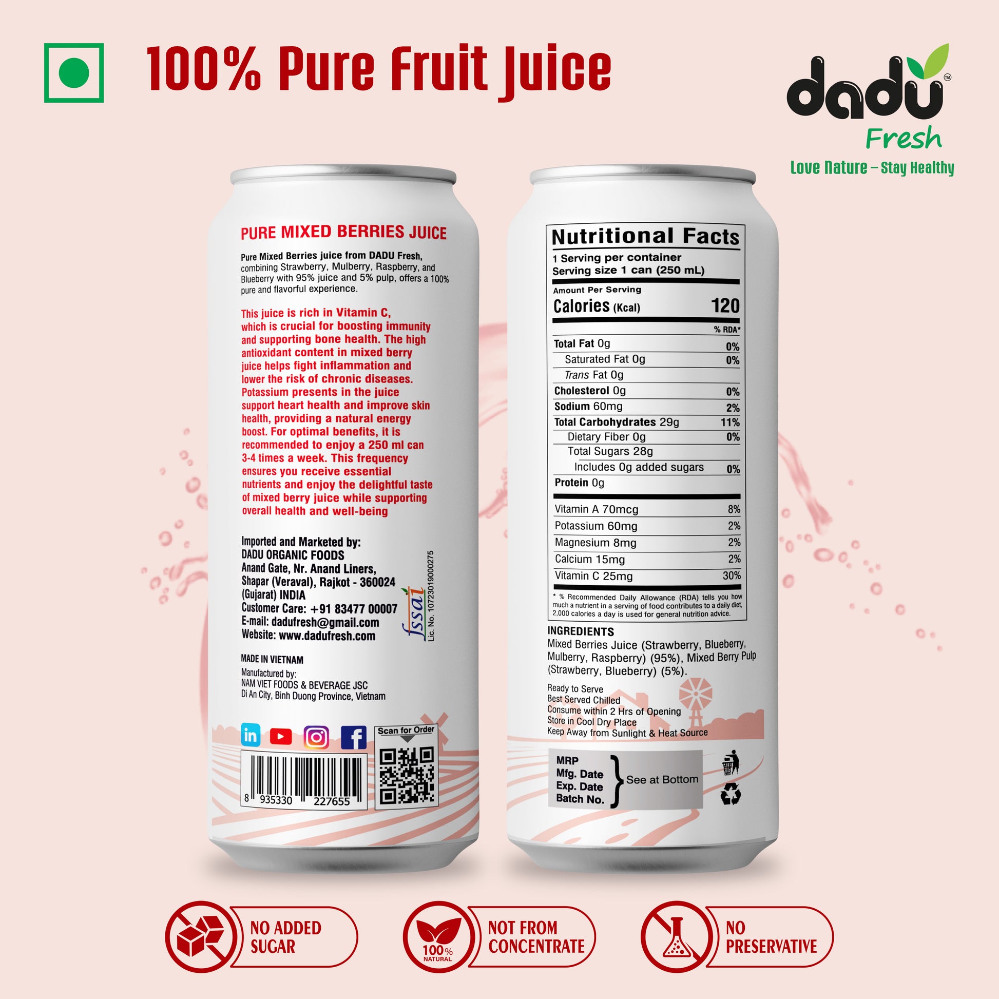 Dadu Fresh Passion Fruit, Cranberry, Blueberry, Mixed Berries, Soursop & Mixed Fruit Juice | 100% Pure Fruit Juice | No Added Sugar & No Preservatives | Pack Of 6 (250ml x 4 Cans & 320ml x 2 Cans) - Dadu Fresh