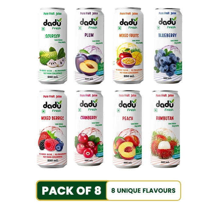 Soursop, Mixed Berries, Plum, Mixed Fruit, Blueberry, Cranberry, Peach, Rambutan Juice - Pack of 8 (250ml x 3 Cans & 320ml x 5 Cans)