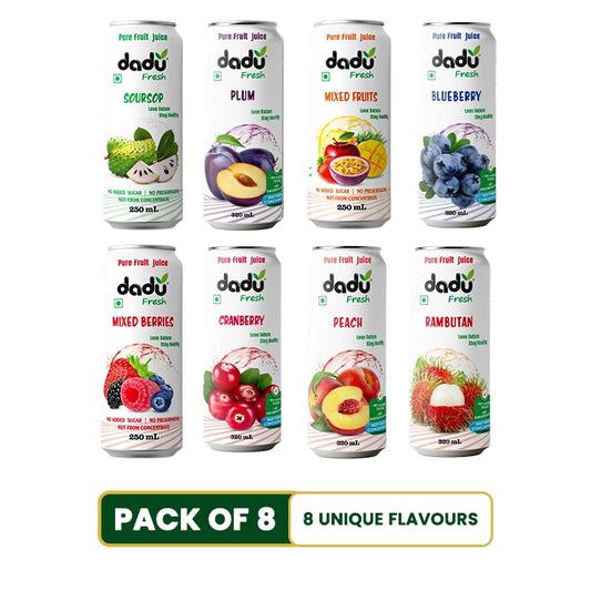 Soursop, Mixed Berries, Plum, Mixed Fruit, Blueberry, Cranberry, Peach, Rambutan Juice - Pack of 8 (250ml x 3 Cans & 320ml x 5 Cans)