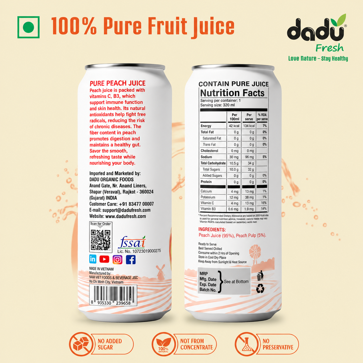 Dadu Fresh Peach Juice | 100% Pure Fruit Juice | No Added Sugar & No Preservatives | 320ml x Pack of 6 - Dadu Fresh