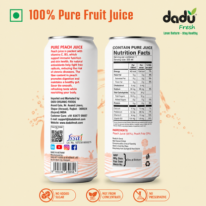 Dadu Fresh Peach Juice | 100% Pure Fruit Juice | No Added Sugar & No Preservatives | 320ml x Pack of 6 - Dadu Fresh