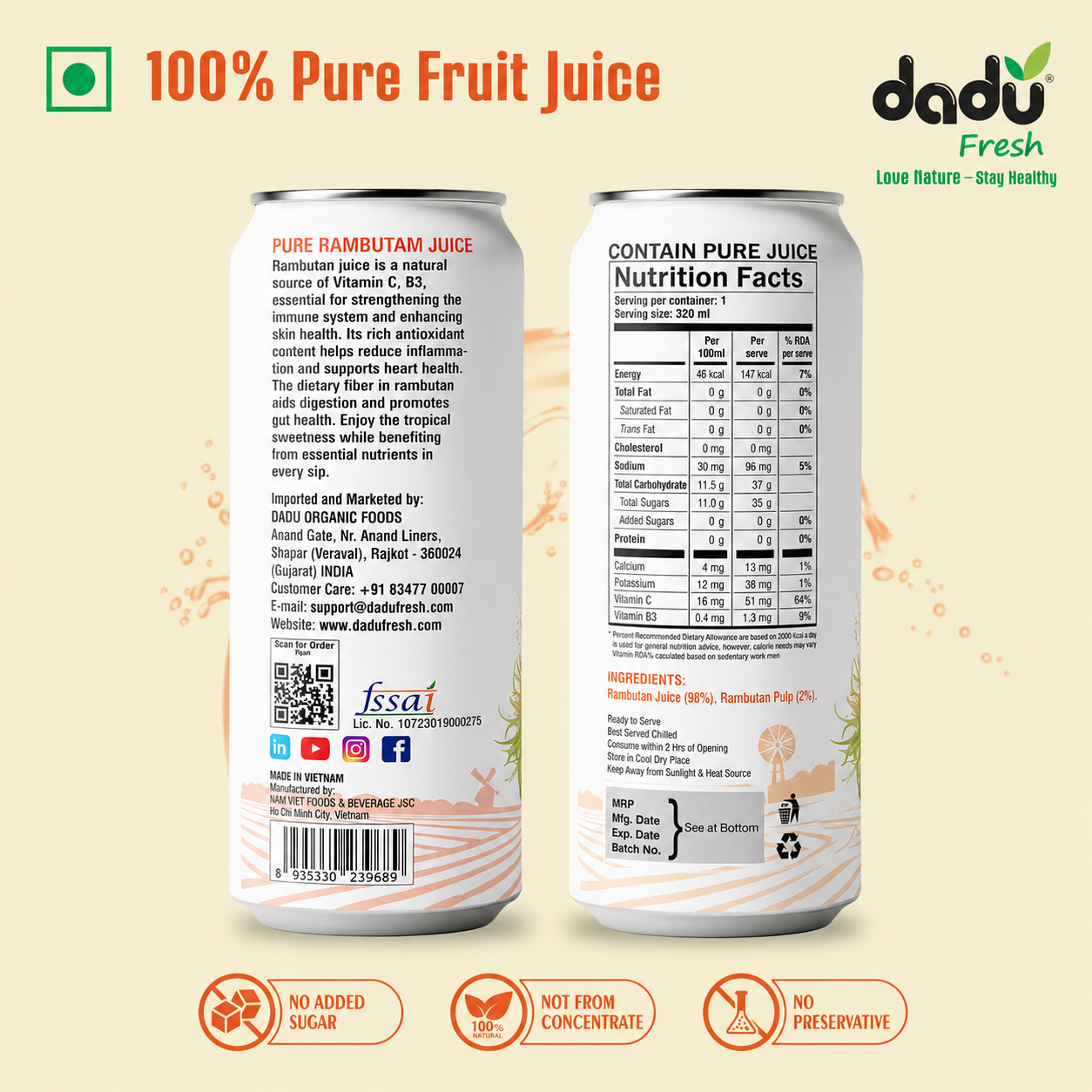 Dadu Fresh Rambutan Juice | 100% Pure Fruit Juice | No Added Sugar & No Preservatives | 320ml x Pack of 6 - Dadu Fresh