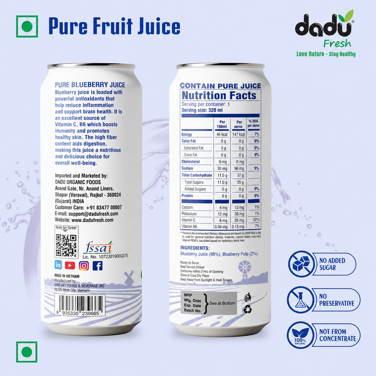 Dadu Fresh Blueberry Juice | 100% Pure Fruit Juice | No Added Sugar & No Preservatives | 320ml x Pack of 4 - Dadu Fresh