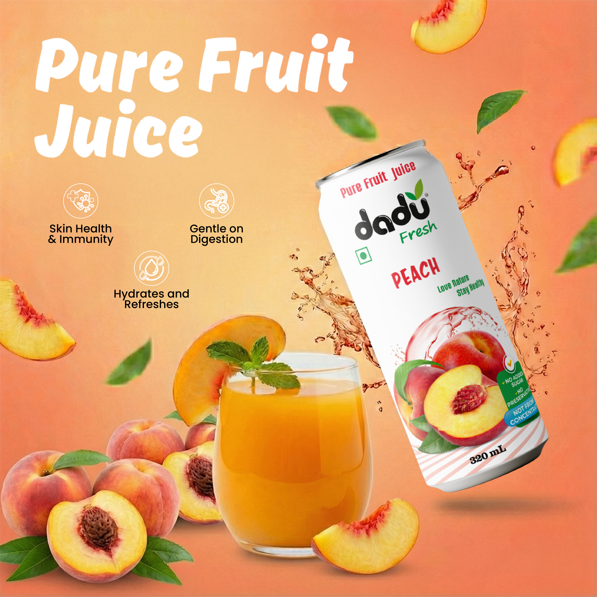 Dadu Fresh Peach Juice | 100% Pure Fruit Juice | No Added Sugar & No Preservatives | 320ml x Pack of 6 - Dadu Fresh