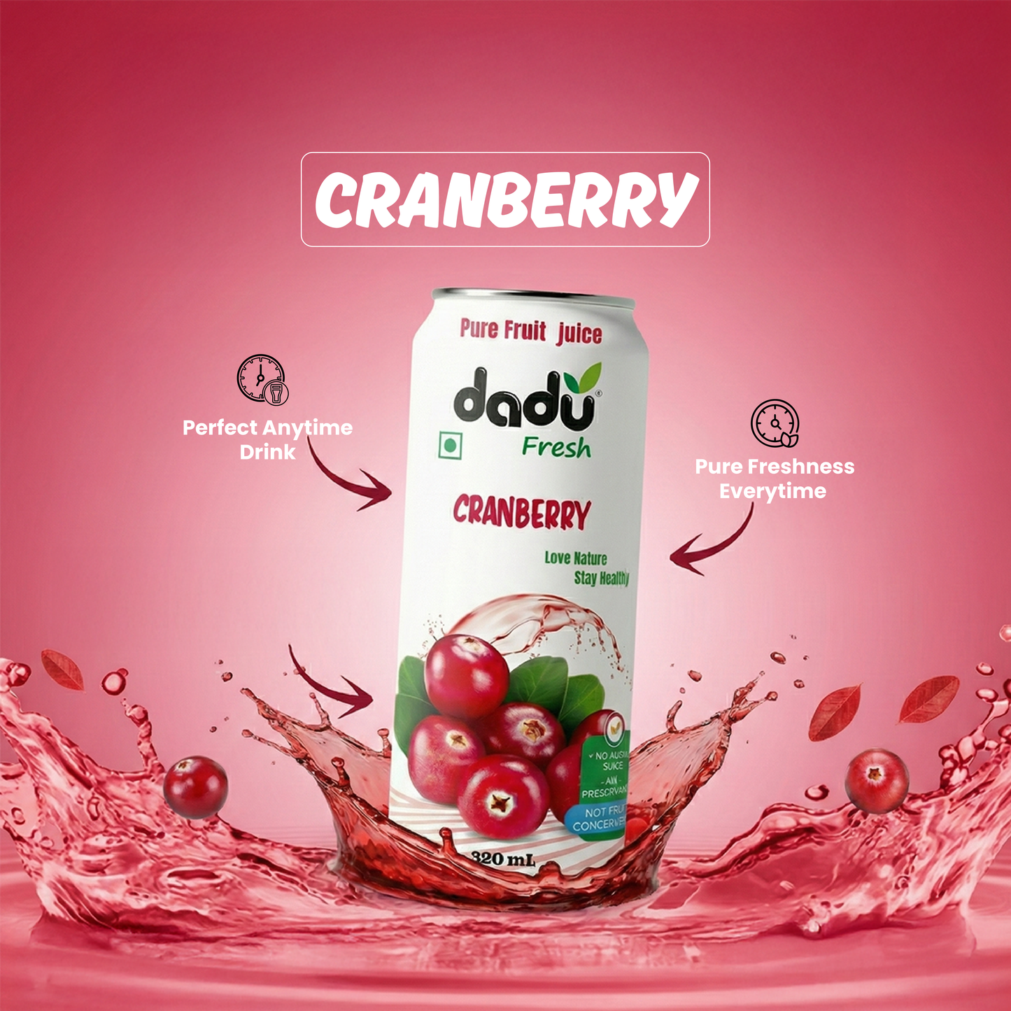 Dadu Fresh Cranberry Juice | 100% Pure Fruit Juice | No Added Sugar & No Preservatives | 320ml x Pack of 6 - Dadu Fresh