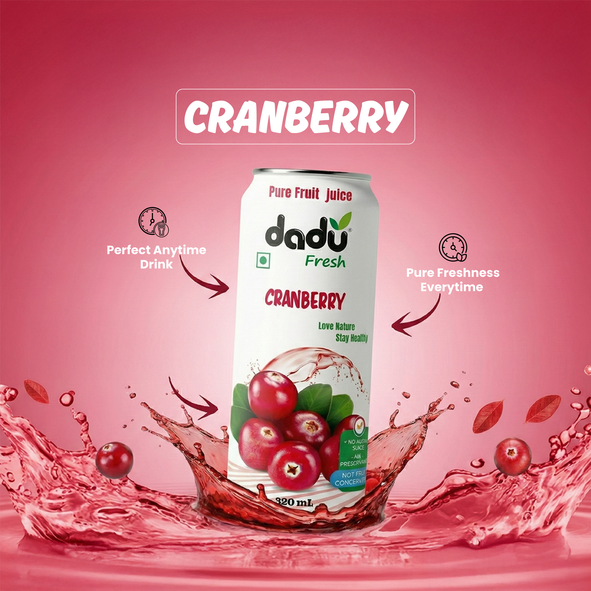 Dadu Fresh Cranberry Juice | 100% Pure Fruit Juice | No Added Sugar & No Preservatives | 320ml x Pack of 6 - Dadu Fresh