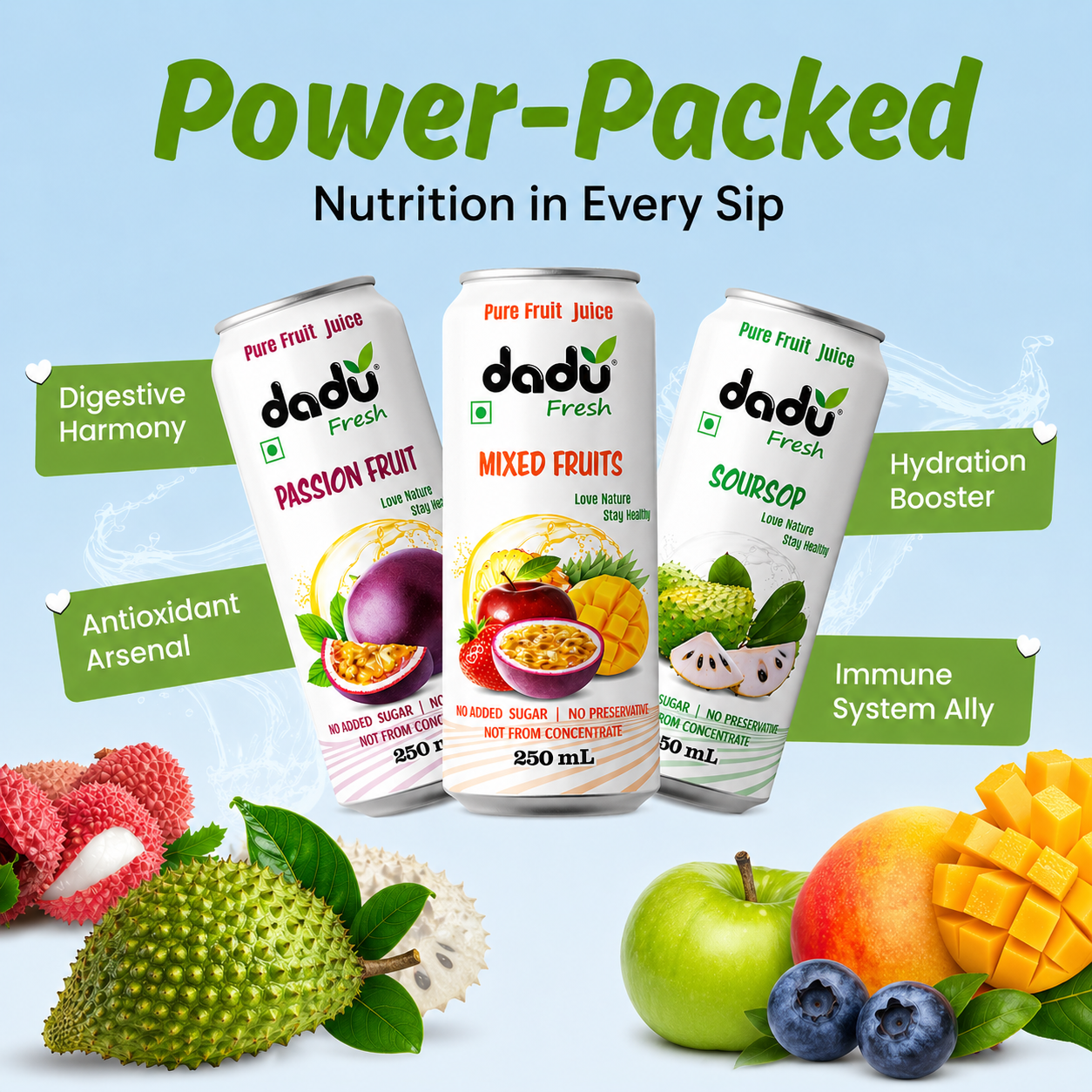 Dadu Fresh Passion Fruit, Cranberry, Blueberry, Mixed Berries, Soursop & Mixed Fruit Juice | 100% Pure Fruit Juice | No Added Sugar & No Preservatives | Pack Of 6 (250ml x 4 Cans & 320ml x 2 Cans) - Dadu Fresh