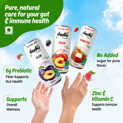 Dadu Fresh Passion Fruit, Mangosteen, Lychee, Mixed Berries, Soursop, Mixed Fruit, Peach, Plum, Blueberry, Cranberry, Avocado & Mango & Rambutan Juice | 100% Pure Fruit Juice | No Added Sugar | Pack Of 12 (250ml x 6 Cans & 320ml x 6 Cans) - Dadu Fresh