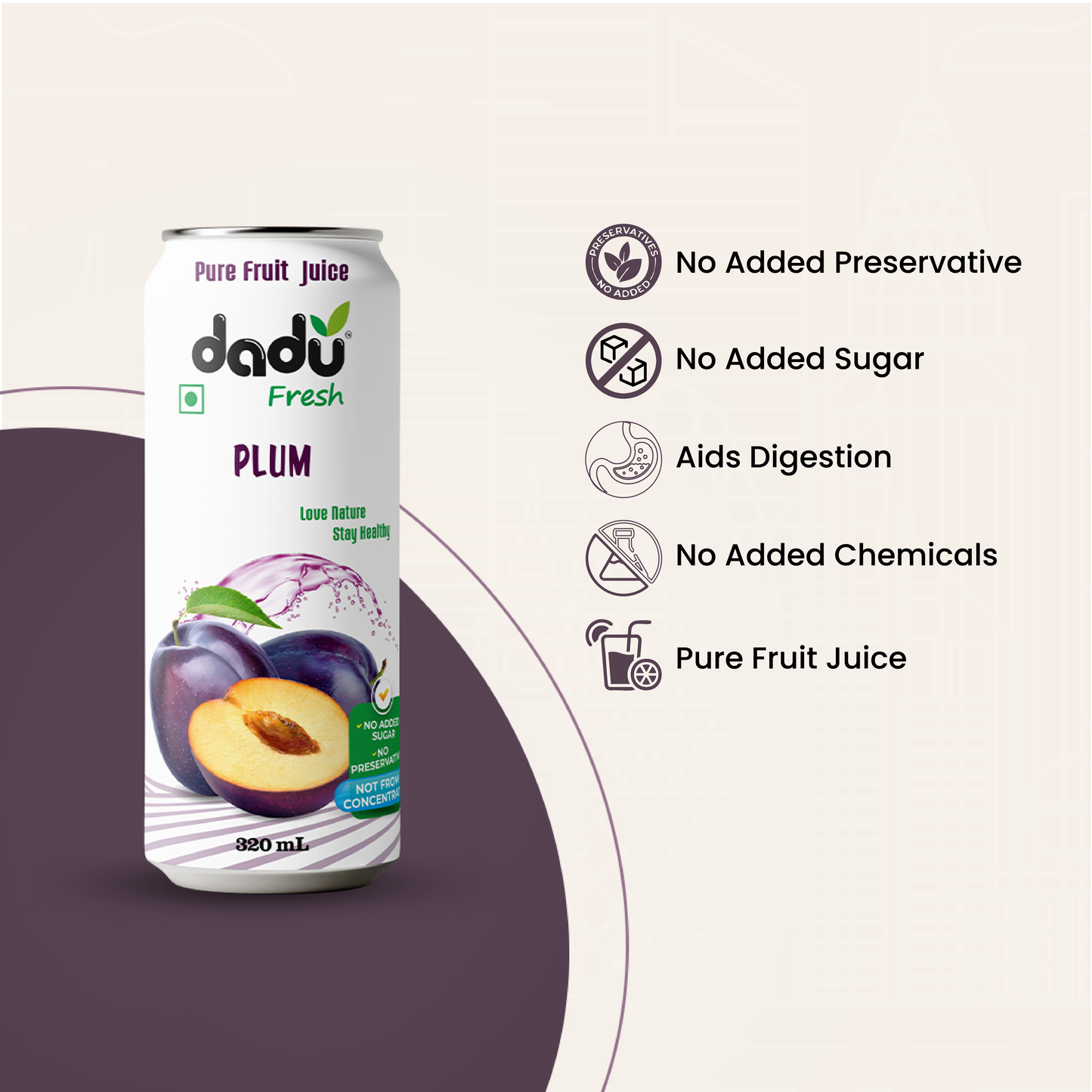 Dadu Fresh Plum Juice | 100% Pure Fruit Juice | No Added Sugar & No Preservatives | 320ml x Pack of 6 - Dadu Fresh
