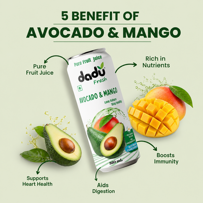Dadu Fresh Avocado & Mango Juice | 100% Pure Fruit Juice | No Added Sugar & No Preservatives | 320ml x Pack of 6 - Dadu Fresh